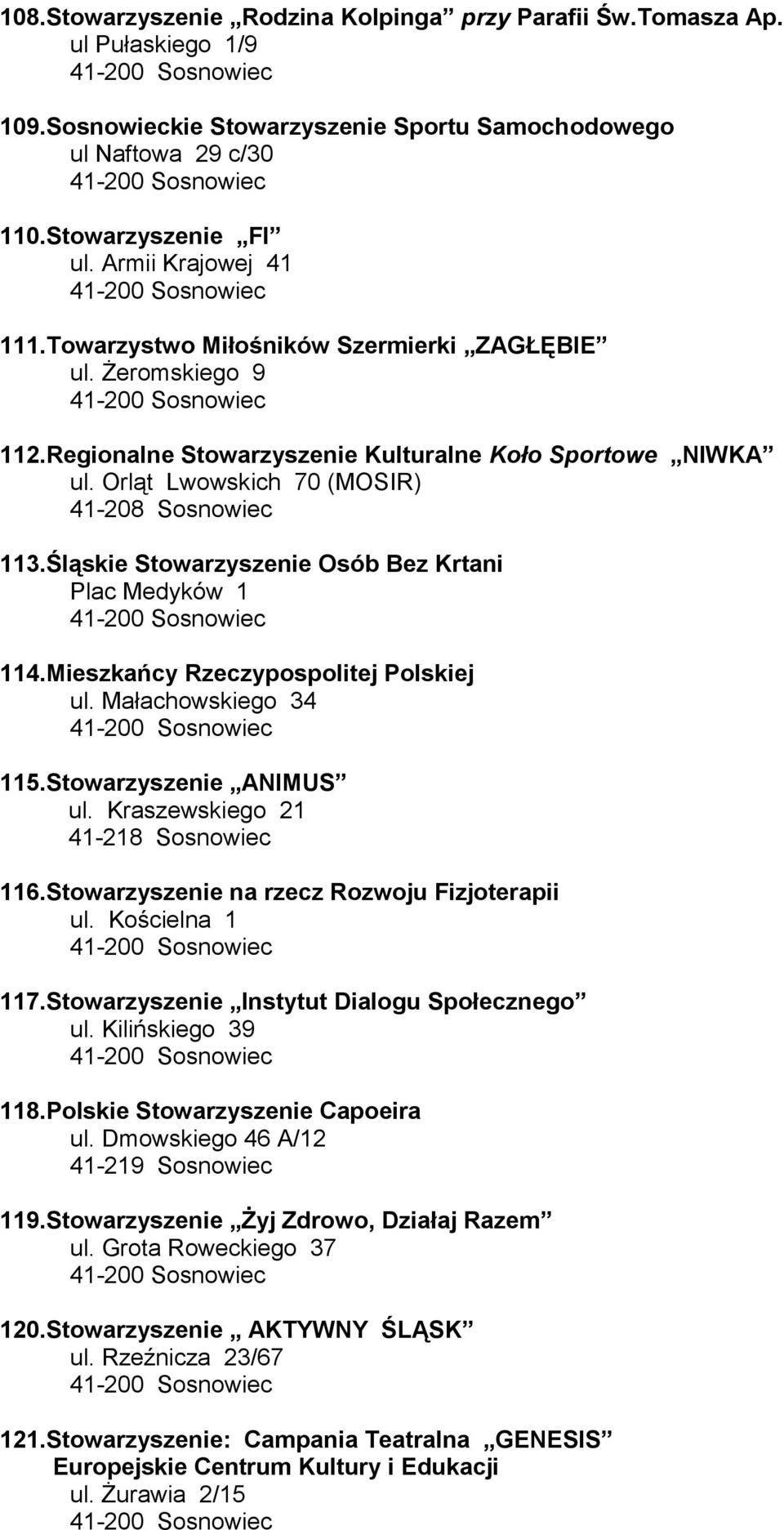 Śląskie Stowarzyszenie Osób Bez Krtani Plac Medyków 1 114.Mieszkańcy Rzeczypospolitej Polskiej ul. Małachowskiego 34 115.Stowarzyszenie ANIMUS ul. Kraszewskiego 21 41-218 Sosnowiec 116.