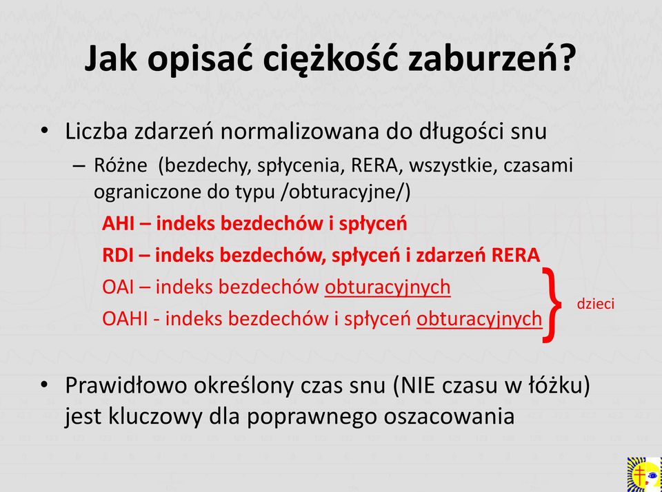 ograniczone do typu /obturacyjne/) AHI indeks bezdechów i spłyceń RDI indeks bezdechów, spłyceń i zdarzeń