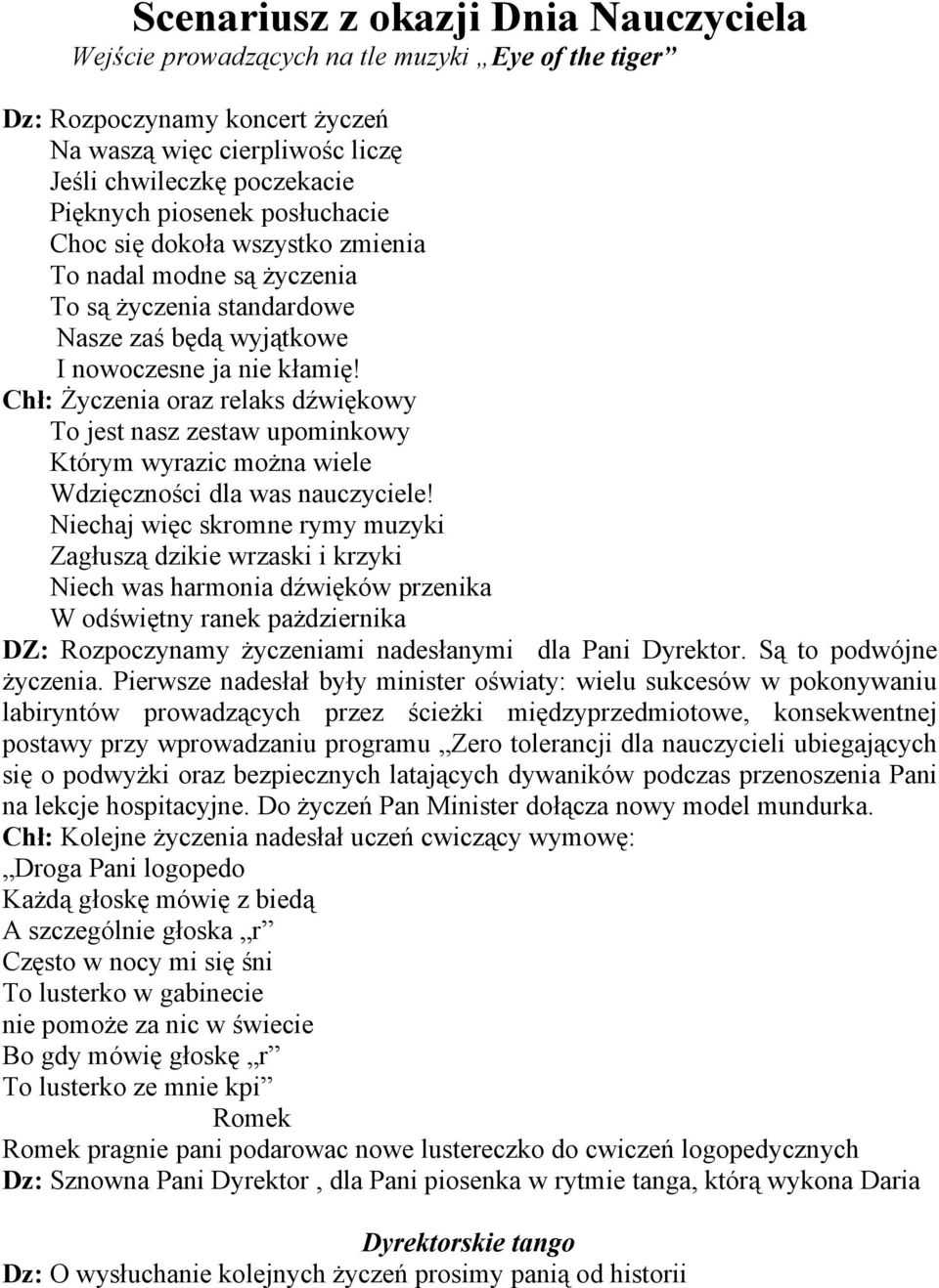 Scenariusz Z Okazji Dnia Nauczyciela Wejscie Prowadzacych Na Tle Muzyki Eye Of The Tiger Pdf Free Download