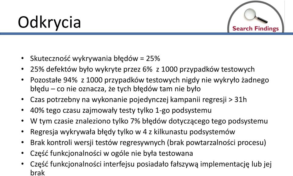 podsystemu W tym czasie znaleziono tylko 7% błędów dotyczącego tego podsystemu Regresja wykrywała błędy tylko w 4 z kilkunastu podsystemów Brak kontroli wersji testów