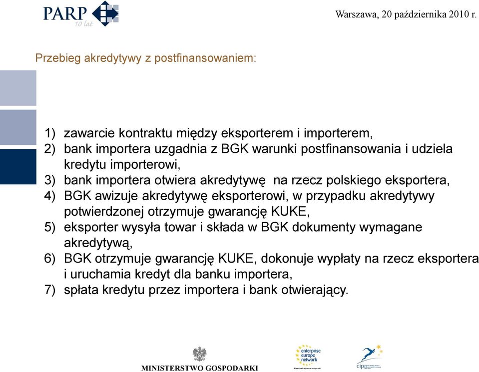 postfinansowania i udziela kredytu importerowi, 3) bank importera otwiera akredytywę na rzecz polskiego eksportera, 4) BGK awizuje akredytywę eksporterowi, w