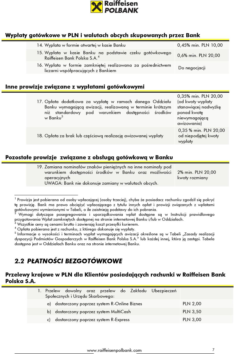 Wypłata w formie zamkniętej realizowana za pośrednictwem liczarni współpracujących z Bankiem Do negocjacji Inne prowizje związane z wypłatami gotówkowymi 17.