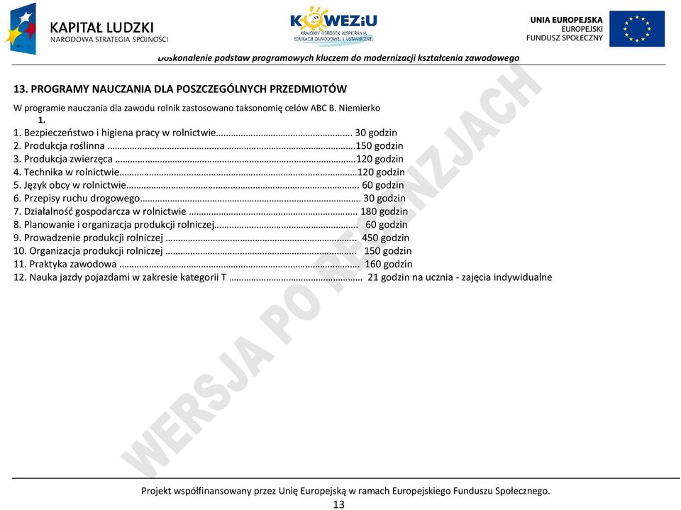 Działalność gospodarcza w rolnictwie.. 180 godzin 8. lanowanie i organizacja produkcji rolniczej. 60 godzin 9. rowadzenie produkcji rolniczej.. 450 godzin 10. Organizacja produkcji rolniczej.