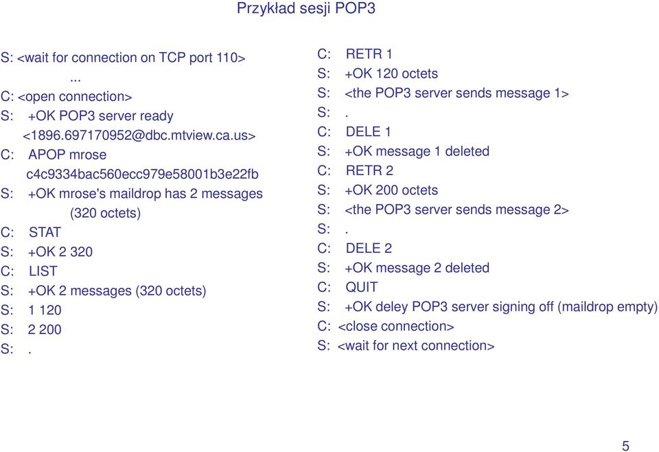 octets) S: 1 120 S: 2 200 S:. C: RETR 1 S: +OK 120 octets S: <the POP3 server sends message 1> S:.