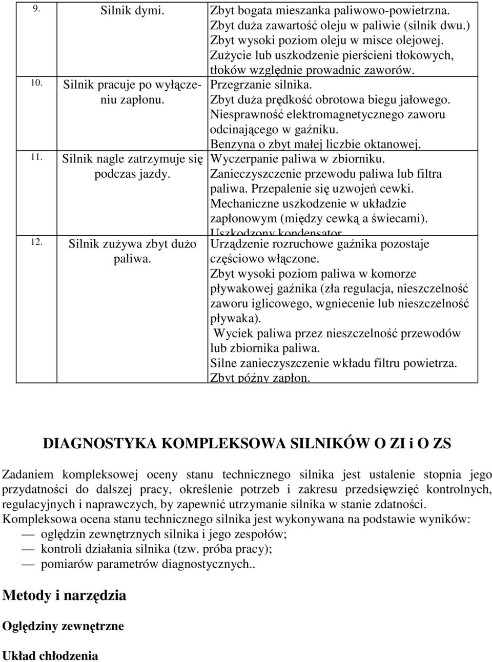 Przegrzanie silnika. Zbyt dua prdko obrotowa biegu jałowego. Niesprawno elektromagnetycznego zaworu odcinajcego w ganiku. Benzyna o zbyt małej liczbie oktanowej. Wyczerpanie paliwa w zbiorniku.