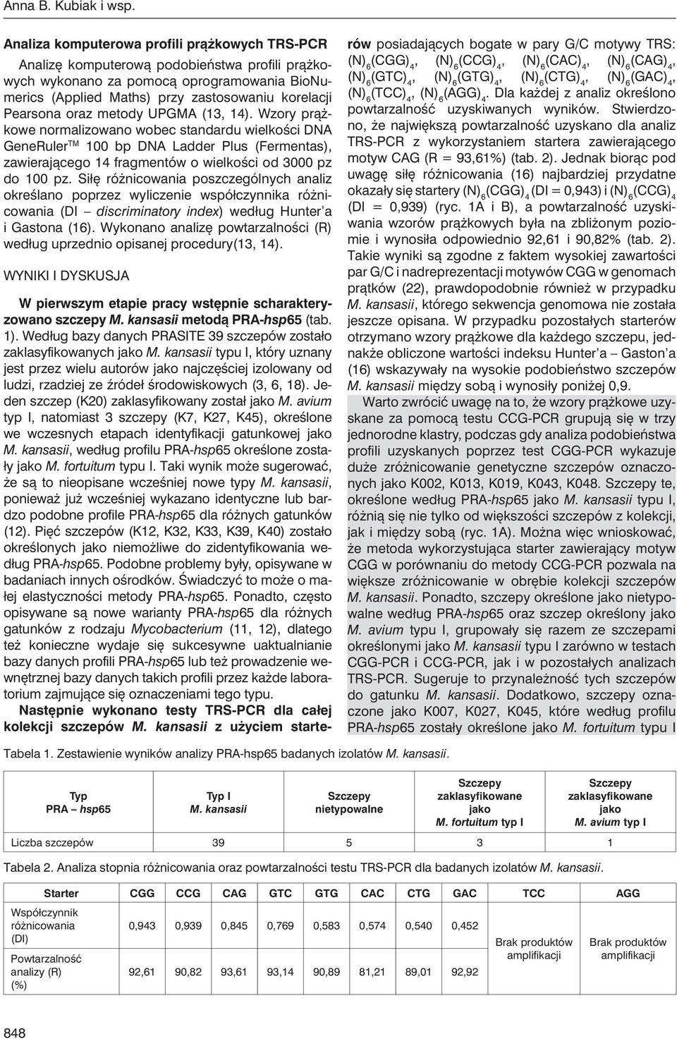 oraz metody UPGMA (13, 14). Wzory prążkowe normalizowano wobec standardu wielkości DNA GeneRuler TM 100 bp DNA Ladder Plus (Fermentas), zawierającego 14 fragmentów o wielkości od 3000 pz do 100 pz.