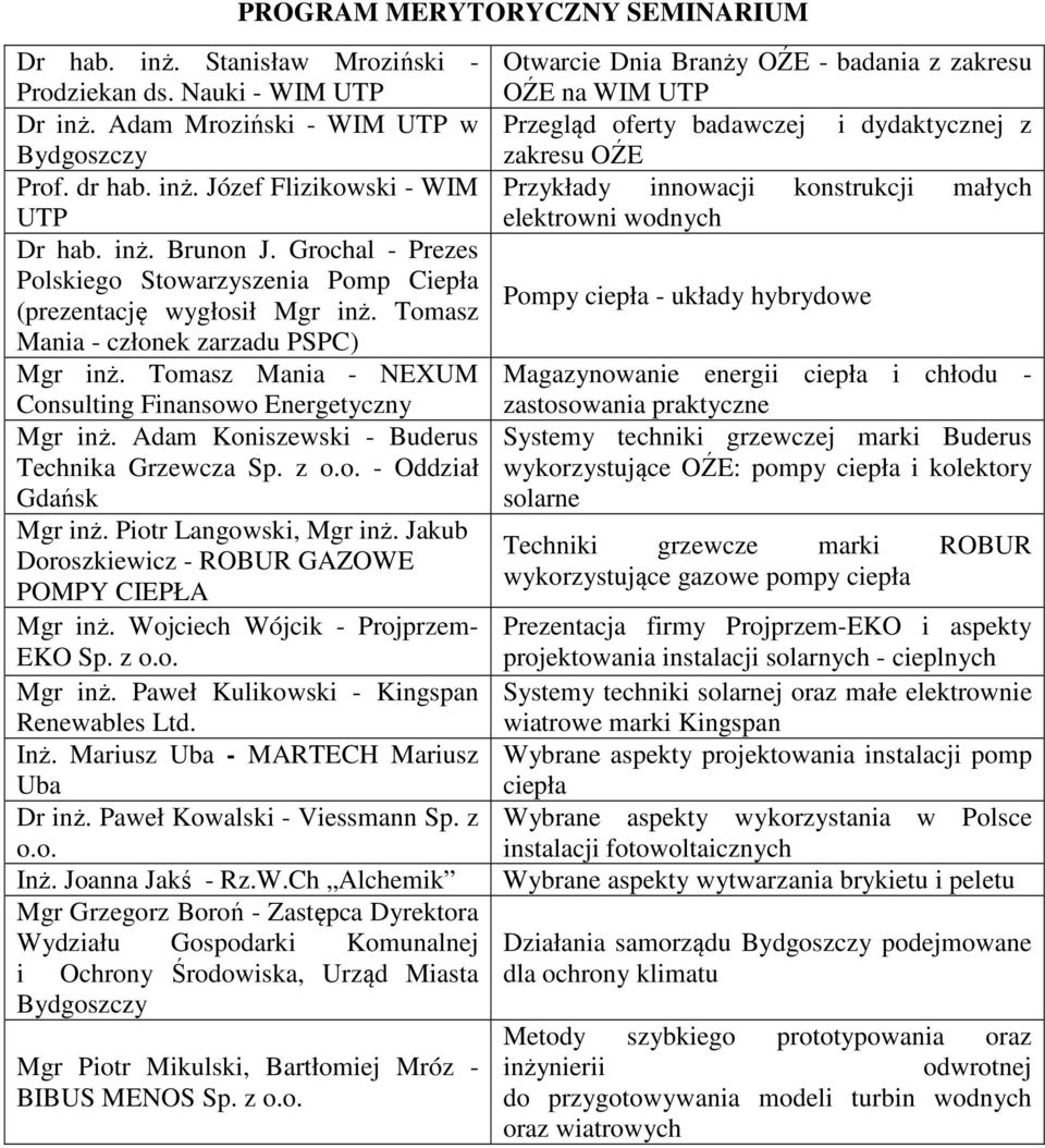 Tomasz Mania - NEXUM Consulting Finansowo Energetyczny Mgr inż. Adam Koniszewski - Buderus Technika Grzewcza Sp. z o.o. - Oddział Gdańsk Mgr inż. Piotr Langowski, Mgr inż.