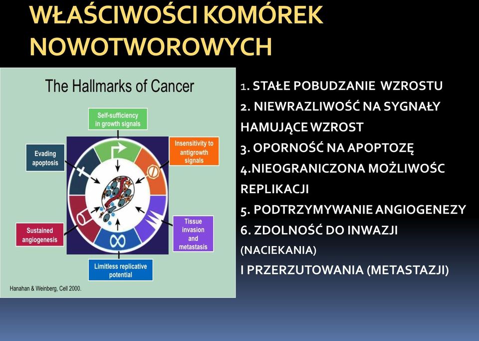 OPORNOŚĆ NA APOPTOZĘ 4.NIEOGRANICZONA MOŻLIWOŚC REPLIKACJI 5.