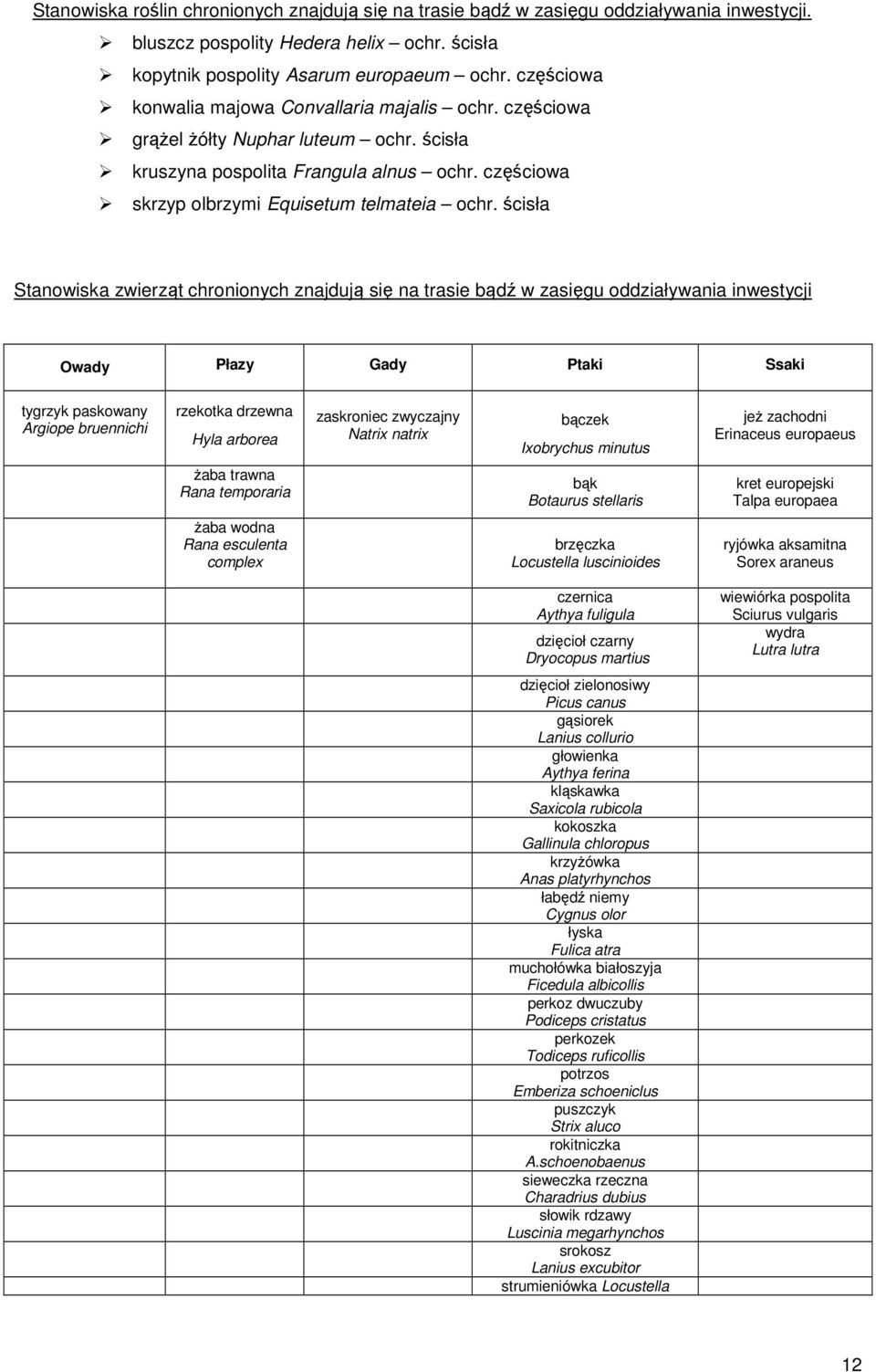ścisła Stanowiska zwierząt chronionych znajdują się na trasie bądź w zasięgu oddziaływania inwestycji Owady Płazy Gady Ptaki Ssaki tygrzyk paskowany Argiope bruennichi rzekotka drzewna Hyla arborea