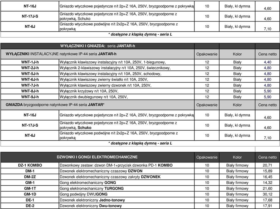 WYŁĄCZNIKI INSTALACYJNE natynkowe IP-44 seria JANTAR-h WNT-1J-h Wyłącznik klawiszowy instalacyjny n/t A, 250V, 1-biegunowy, 12 Biały 4,40 WNT-2J-h Wyłącznik 2-klawiszowy instalacyjny n/t A, 250V,