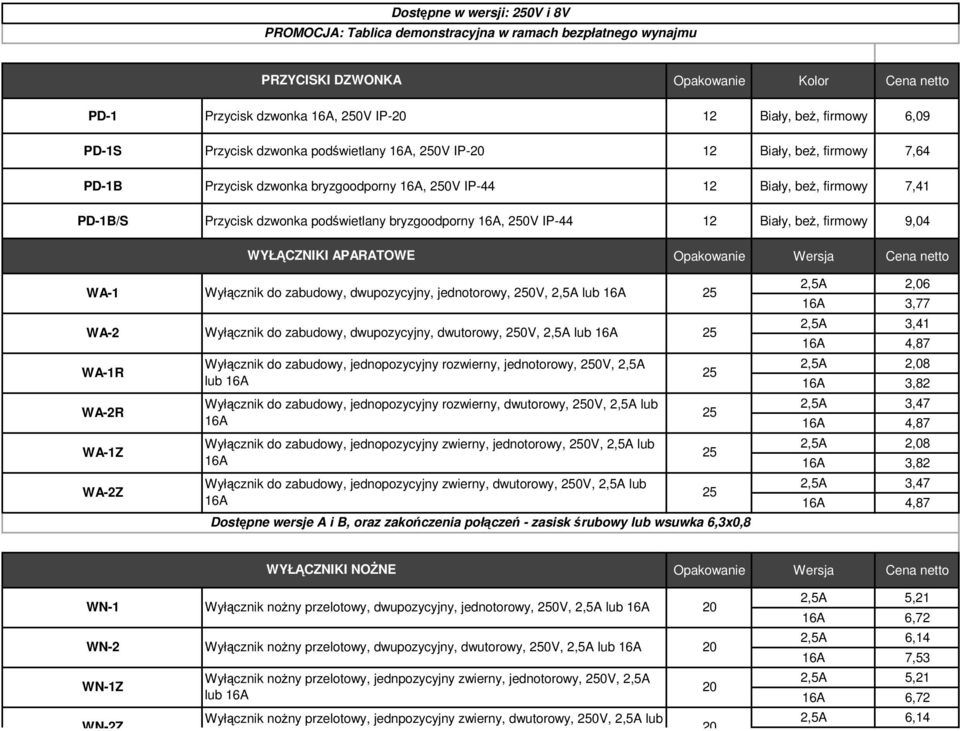 IP-44 12 Biały, beŝ, firmowy 9,04 WYŁĄCZNIKI APARATOWE Opakowanie Wersja Cena netto WA-1 WA-2 WA-1R WA-2R WA-1Z WA-2Z Wyłącznik do zabudowy, dwupozycyjny, jednotorowy, 250V, 2,5A lub 16A Wyłącznik do