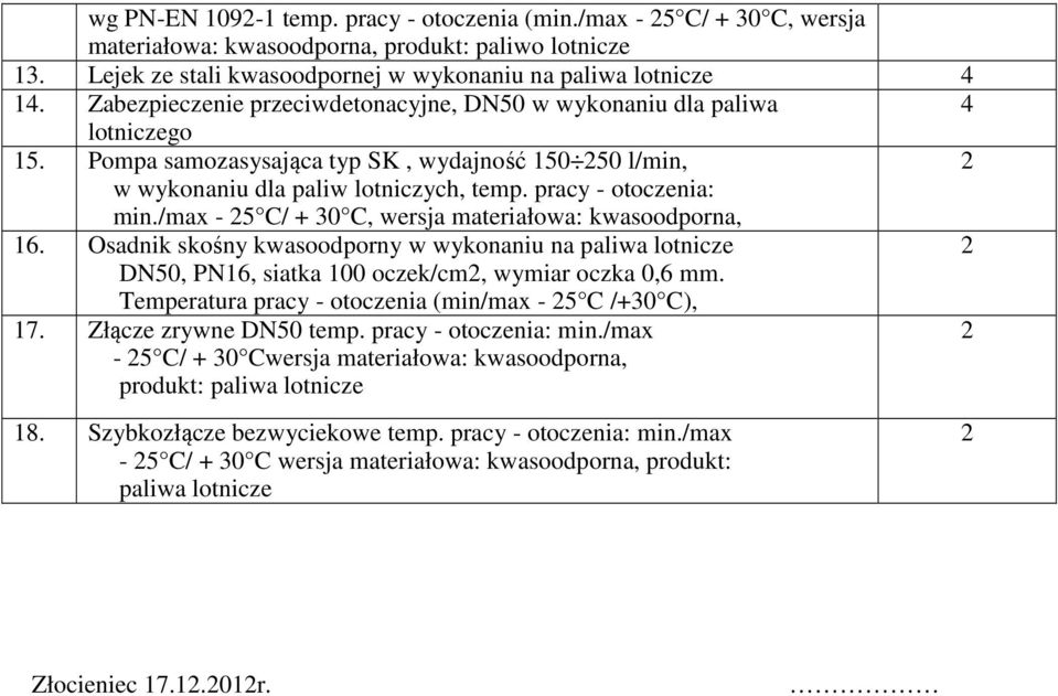 /max - 5 C/ + 30 C, wersja materiałowa: kwasoodporna, 6. Osadnik skośny kwasoodporny w wykonaniu na paliwa lotnicze DN50, PN6, siatka 00 oczek/cm, wymiar oczka 0,6 mm.