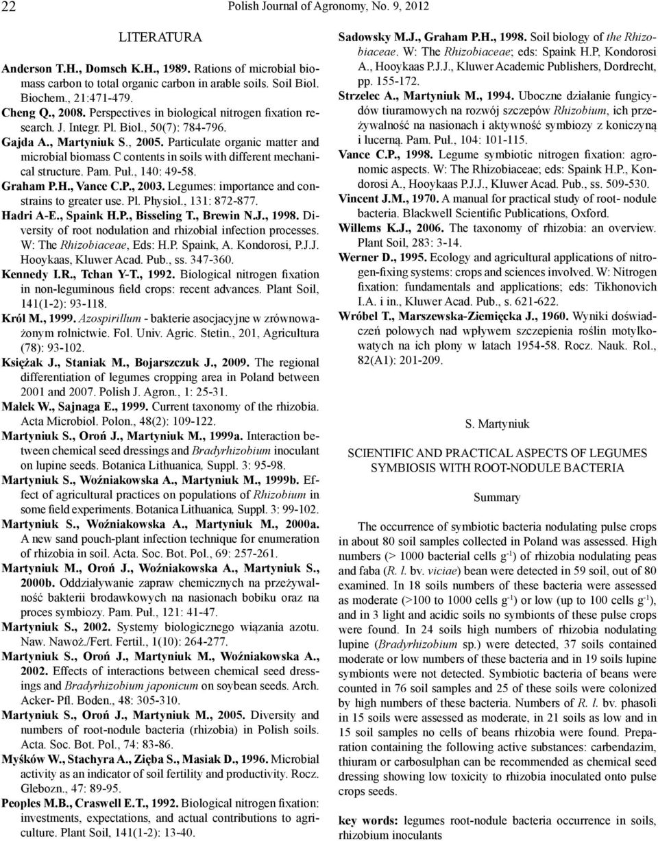 Particulate organic matter and microbial biomass C contents in soils with different mechanical structure. Pam. Puł., 140: 49-58. Graham P.H., Vance C.P., 2003.