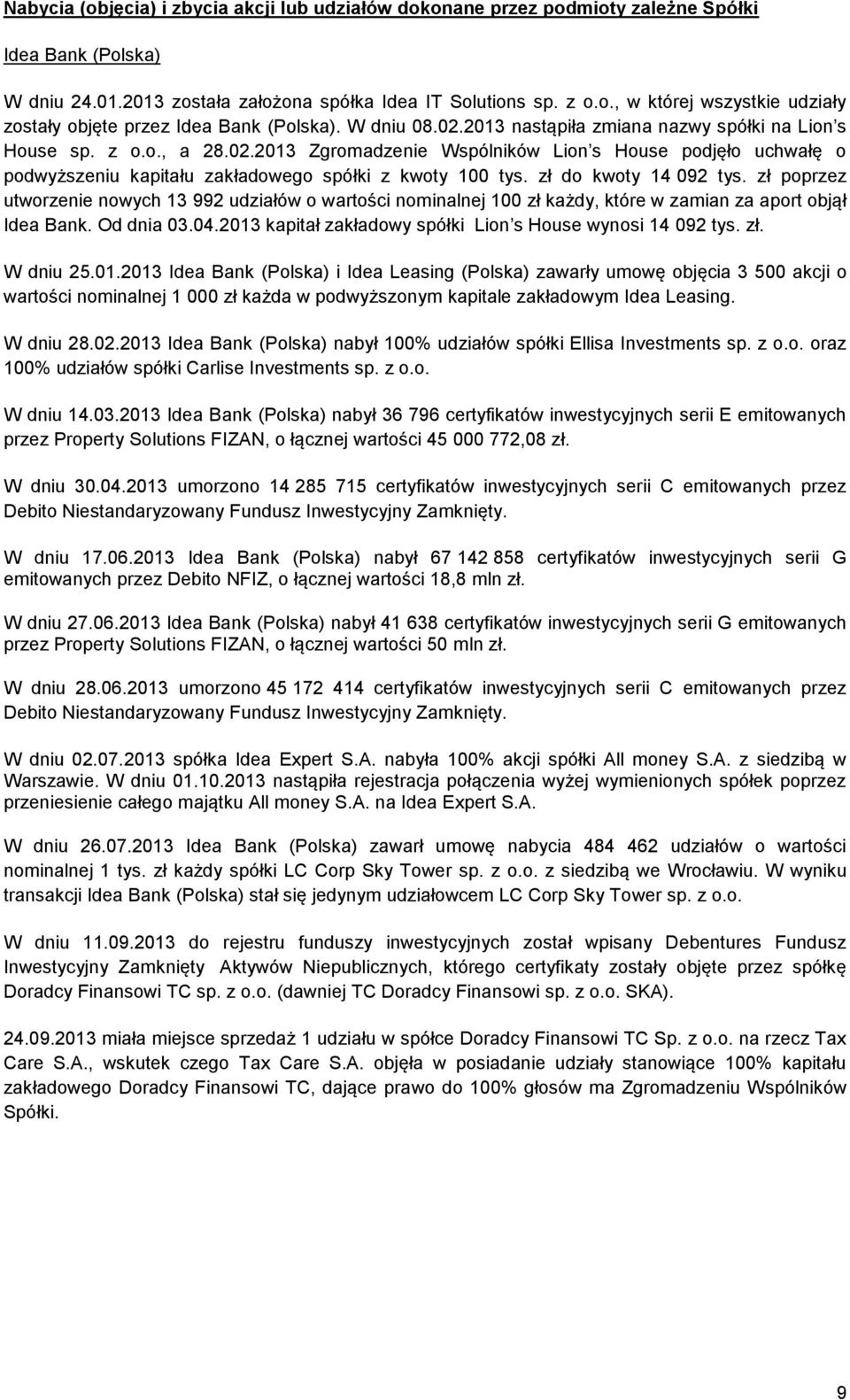 zł do kwoty 14 092 tys. zł poprzez utworzenie nowych 13 992 udziałów o wartości nominalnej 100 zł każdy, które w zamian za aport objął Idea Bank. Od dnia 03.04.