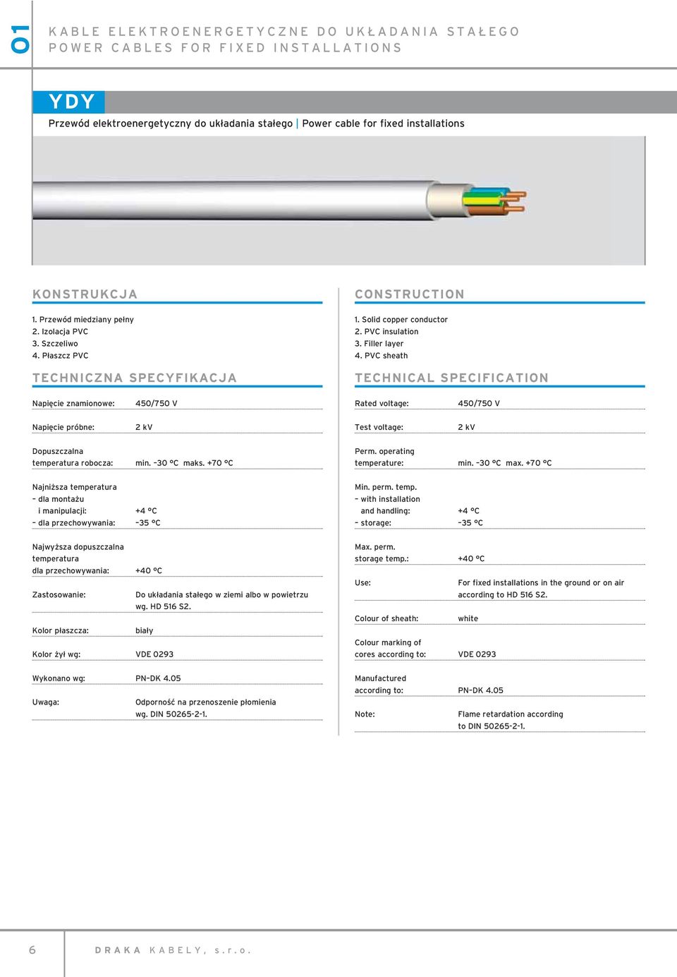 PVC sheath TECHNICAL SPECIFICATION Napięcie znamionowe: 450/750 V Rated voltage: 450/750 V Napięcie próbne: 2 kv Test voltage: 2 kv Dopuszczalna temperatura robocza: min. 30 C maks. +70 C Perm.