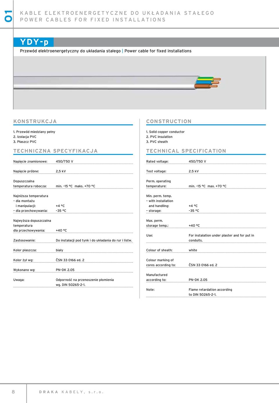 PVC sheath TECHNICAL SPECIFICATION Napięcie znamionowe: 450/750 V Rated voltage: 450/750 V Napięcie próbne: 2,5 kv Test voltage: 2.5 kv Dopuszczalna temperatura robocza: min. 15 C maks. +70 C Perm.