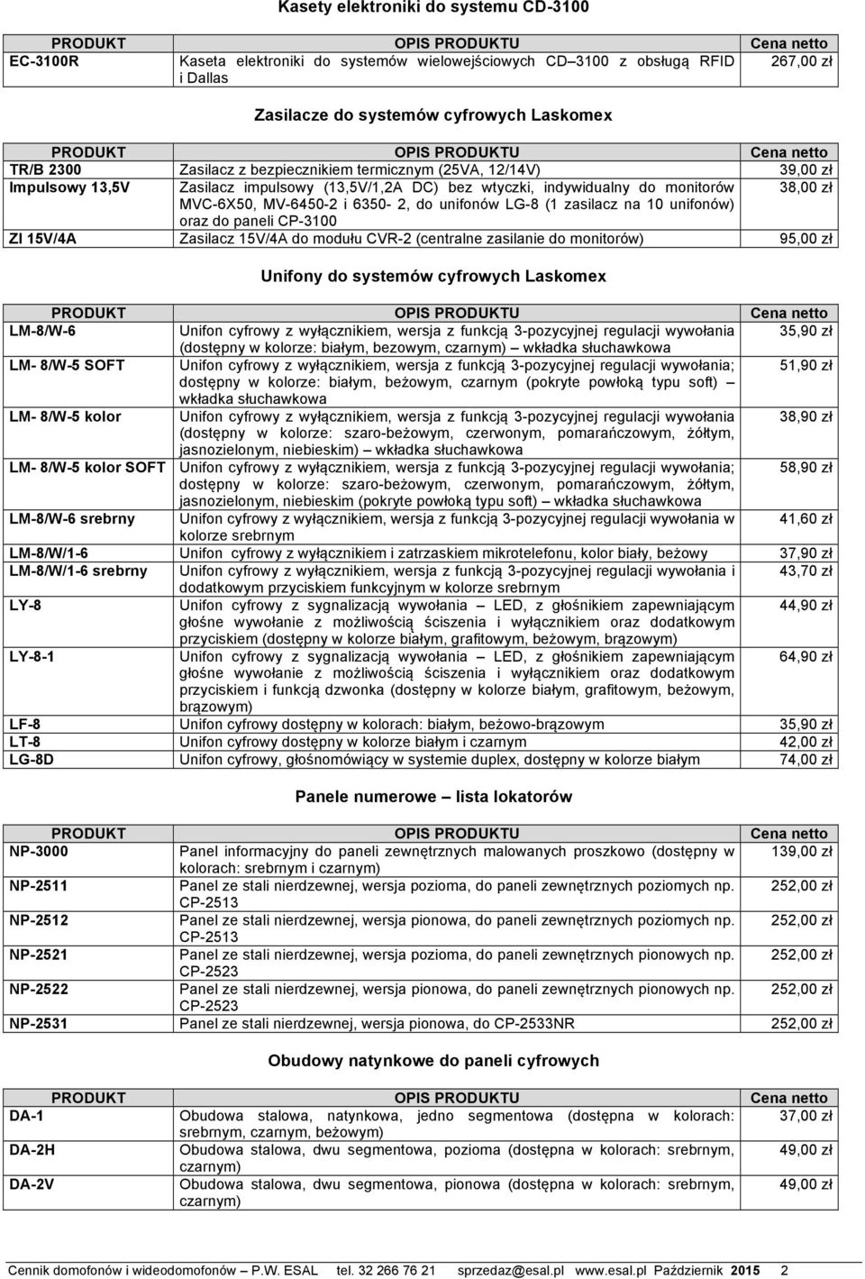 zasilacz na 10 unifonów) oraz do paneli CP-3100 ZI 15V/4A Zasilacz 15V/4A do modułu CVR-2 (centralne zasilanie do monitorów) 95,00 zł Unifony do systemów cyfrowych Laskomex LM-8/W-6 Unifon cyfrowy z