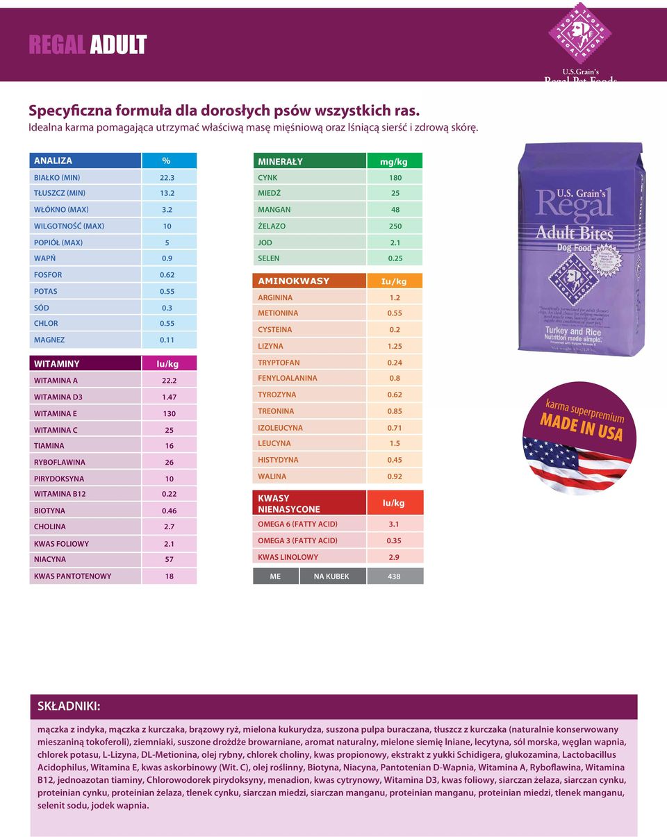 62 WITAMINA E 130 TREONINA 0.85 WITAMINA C 25 IZOLEUCYNA 0.71 TIAMINA 16 LEUCYNA 1.5 RYBOFLAWINA 26 HISTYDYNA 0.45 PIRYDOKSYNA WALINA 0.92 WITAMINA B12 0.22 BIOTYNA 0.46 CHOLINA 2.7 KWAS FOLIOWY 2.