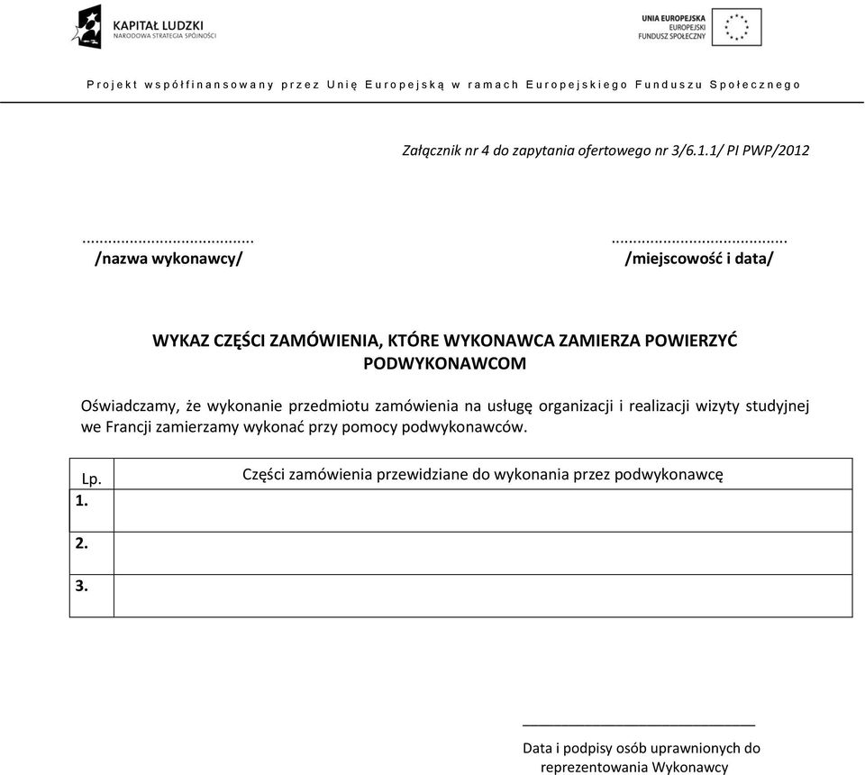 Oświadczamy, że wykonanie przedmiotu zamówienia na usługę organizacji i realizacji wizyty studyjnej we Francji