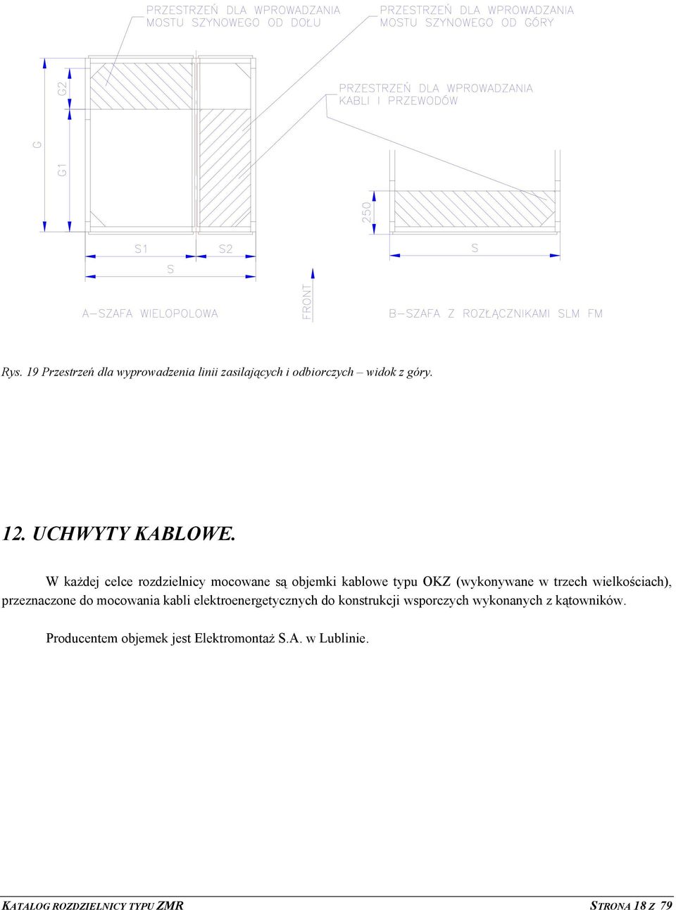 W każdej celce rozdzielnicy mocowane są objemki kablowe typu OKZ (wykonywane w trzech wielkościach),