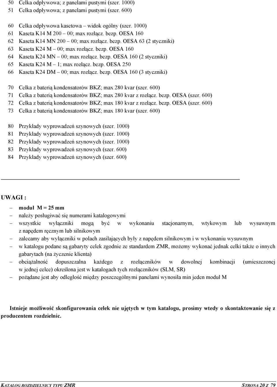 bezp. OESA 250 66 Kaseta K24 DM 00; max rozłącz. bezp. OESA 160 (3 styczniki) 70 Celka z baterią kondensatorów BKZ; max 280 kvar (szer.
