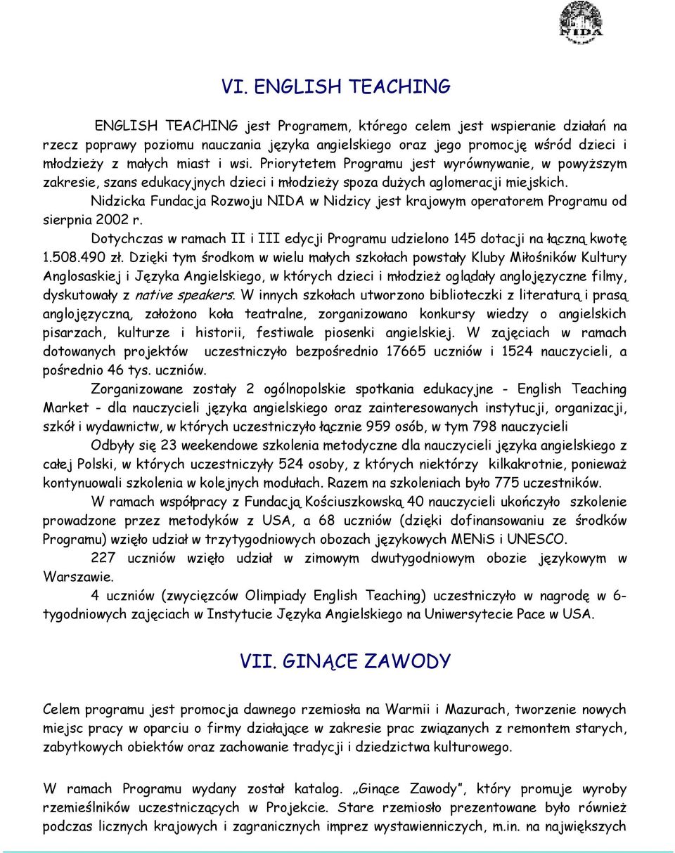 Nidzicka Fundacja Rozwoju NIDA w Nidzicy jest krajowym operatorem Programu od sierpnia 2002 r. Dotychczas w ramach II i III edycji Programu udzielono 145 dotacji na łączną kwotę 1.508.490 zł.