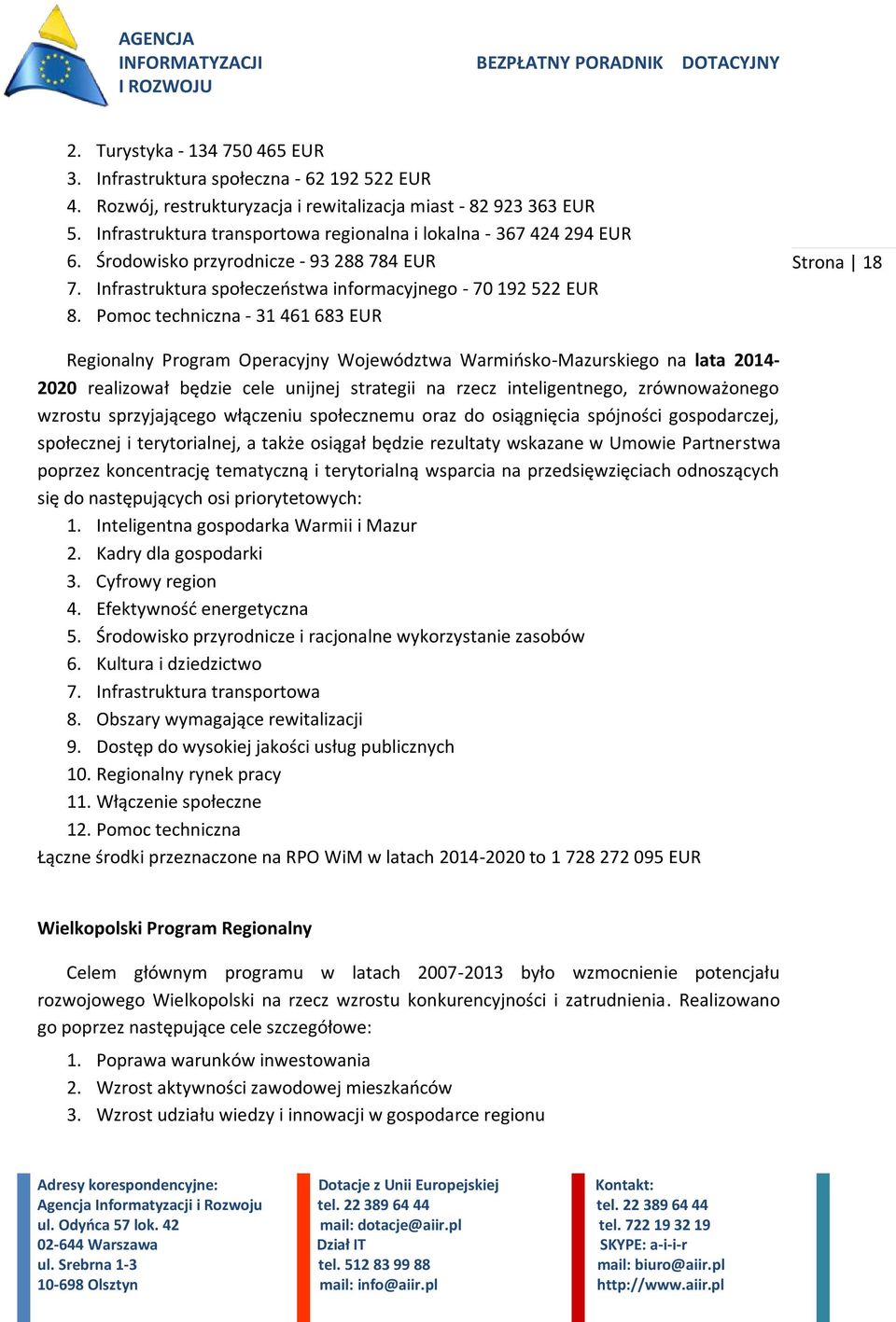 Pomoc techniczna - 31 461 683 EUR Strona 18 Regionalny Program Operacyjny Województwa Warmińsko-Mazurskiego na lata 2014-2020 realizował będzie cele unijnej strategii na rzecz inteligentnego,