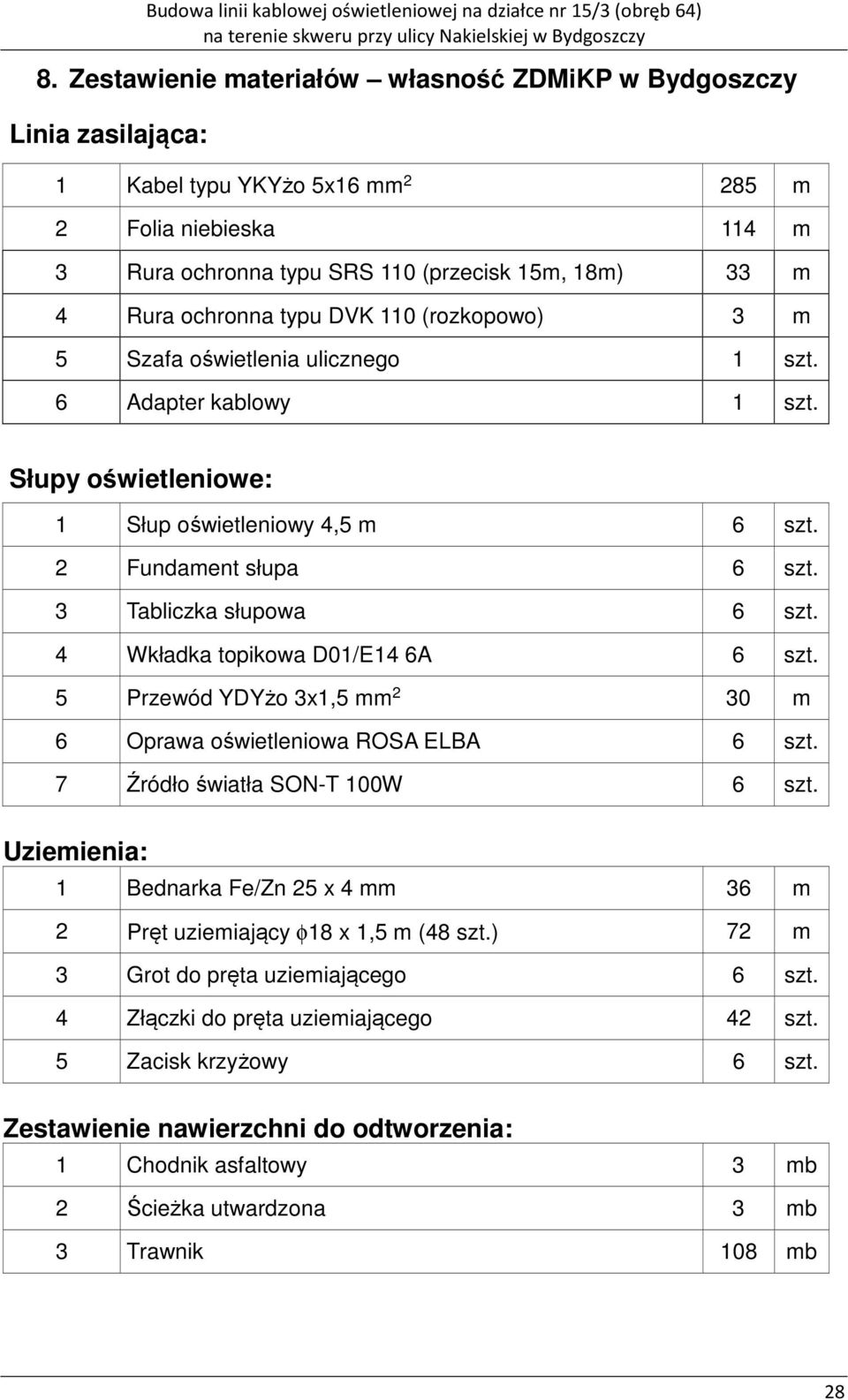 3 Tabliczka słupowa 6 szt. 4 Wkładka topikowa D01/E14 6A 6 szt. 5 Przewód YDYżo 3x1,5 mm 2 30 m 6 Oprawa oświetleniowa ROSA ELBA 6 szt. 7 Źródło światła SON-T 100W 6 szt.