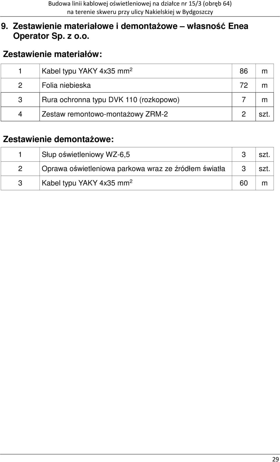 tażowe własność Enea Operator Sp. z o.o. Zestawienie materiałów: 1 Kabel typu YAKY 4x35 mm 2 86 m 2
