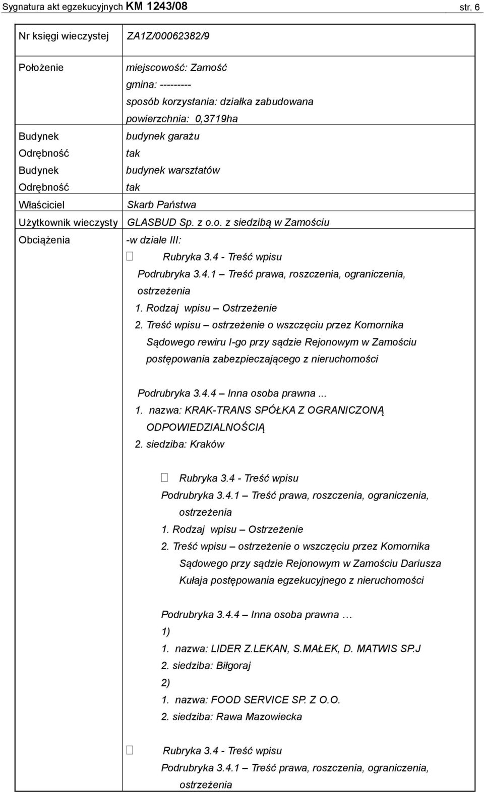 budynek garażu tak budynek warsztatów tak Skarb Państwa Użytkownik wieczysty GLASBUD Sp. z o.o. z siedzibą w Zamościu Obciążenia -w dziale III: Rubryka 3.4 