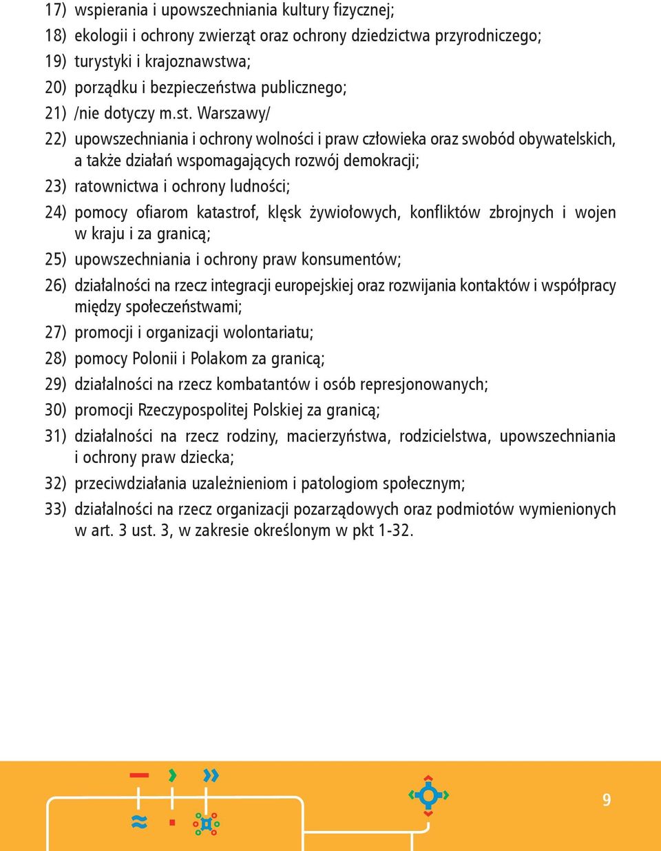 Warszawy/ 22) upowszechniania i ochrony wolności i praw człowieka oraz swobód obywatelskich, a także działań wspomagających rozwój demokracji; 23) ratownictwa i ochrony ludności; 24) pomocy ofiarom