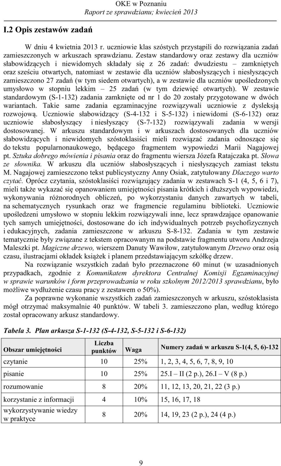 niesłyszących zamieszczono 7 zadań (w tym siedem otwartych), a w zestawie dla uczniów upośledzonych umysłowo w stopniu lekkim 5 zadań (w tym dziewięć otwartych).