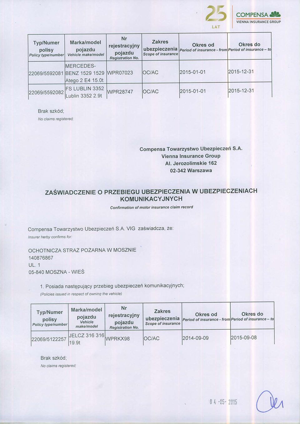 9t 747 AC 015-01-01 15-12-31 Compensa Towarzystwo ubezpieczef S A' Al. Jerozolimskie '162 02-342 warszawa C.nnmarion ol morot insu.anc. clain recor.l Compensa Towarzyshvo Ubezpieczeir S.A. VIG za$niadcza, 2e: lnsuer herby @nfims far OCHOTNICZA STRAZ POZARNA W IVIOSZNTE '140876867 UL.