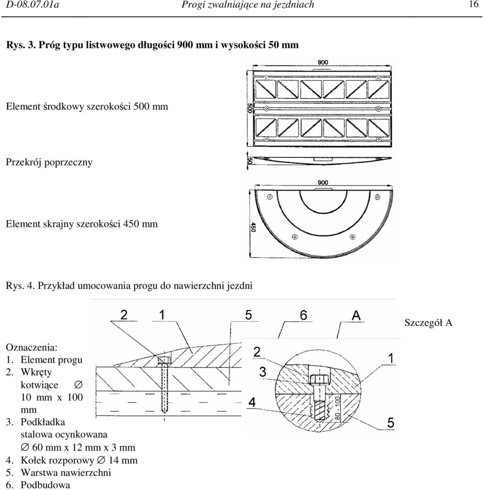 Element skrajny szerokości 450 mm Rys. 4. Przykład umocowania progu do nawierzchni jezdni Oznaczenia: 1.