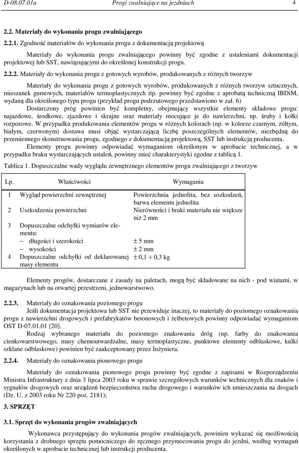 Zgodność materiałów do wykonania progu z dokumentacją projektową Materiały do wykonania progu zwalniającego powinny być zgodne z ustaleniami dokumentacji projektowej lub SST, nawiązującymi do