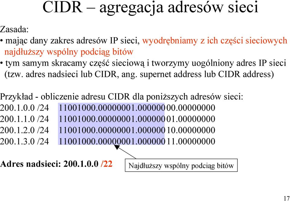 supernet address lub CIDR address) Przykład - obliczenie adresu CIDR dla poniższych adresów sieci: 200.1.0.0 /24 11001000.00000001.00000000.00000000 200.