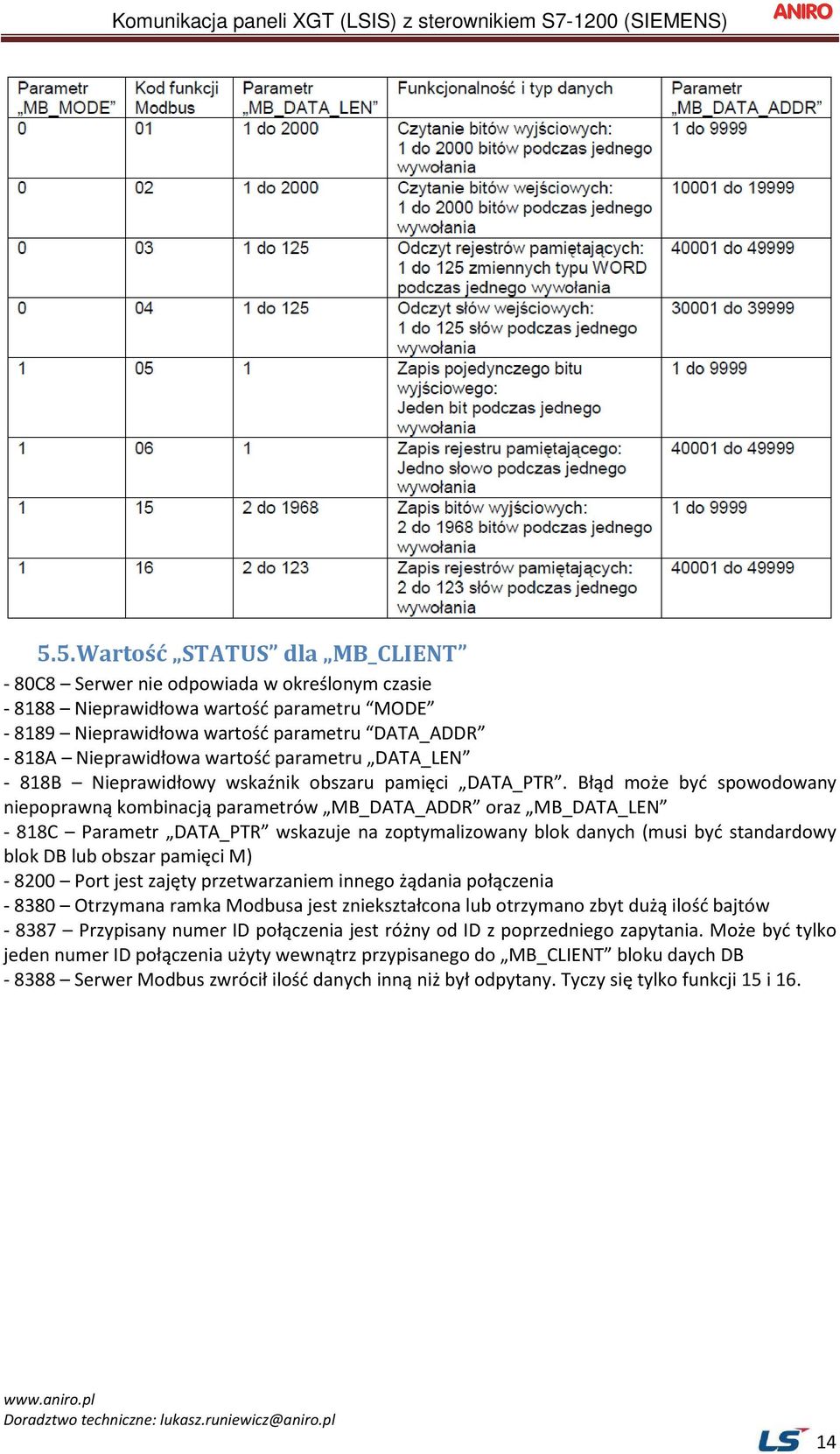 Błąd może być spowodowany niepoprawną kombinacją parametrów MB_DATA_ADDR oraz MB_DATA_LEN - 818C Parametr DATA_PTR wskazuje na zoptymalizowany blok danych (musi być standardowy blok DB lub obszar