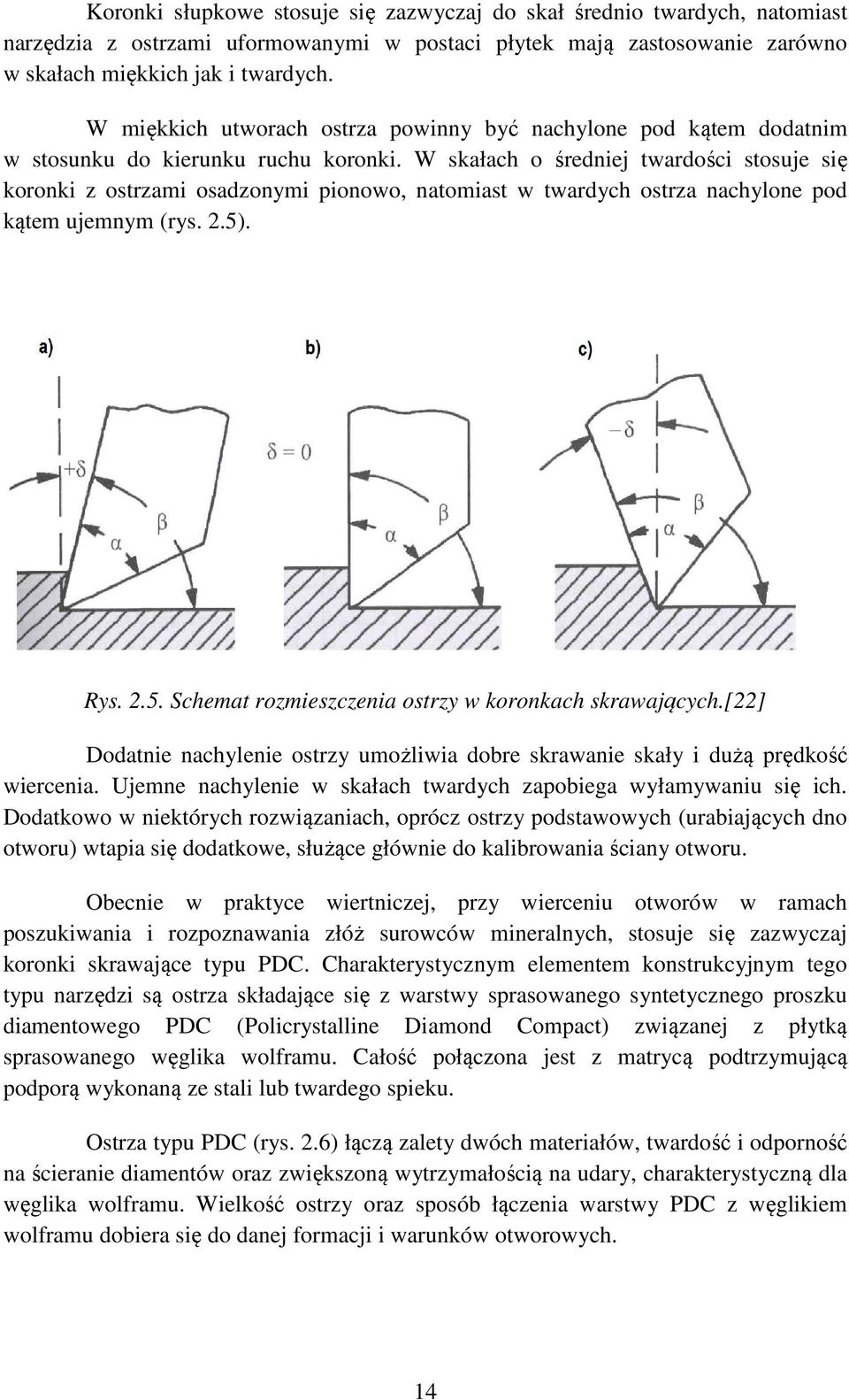 W skałach o średniej twardości stosuje się koronki z ostrzami osadzonymi pionowo, natomiast w twardych ostrza nachylone pod kątem ujemnym (rys. 2.5)