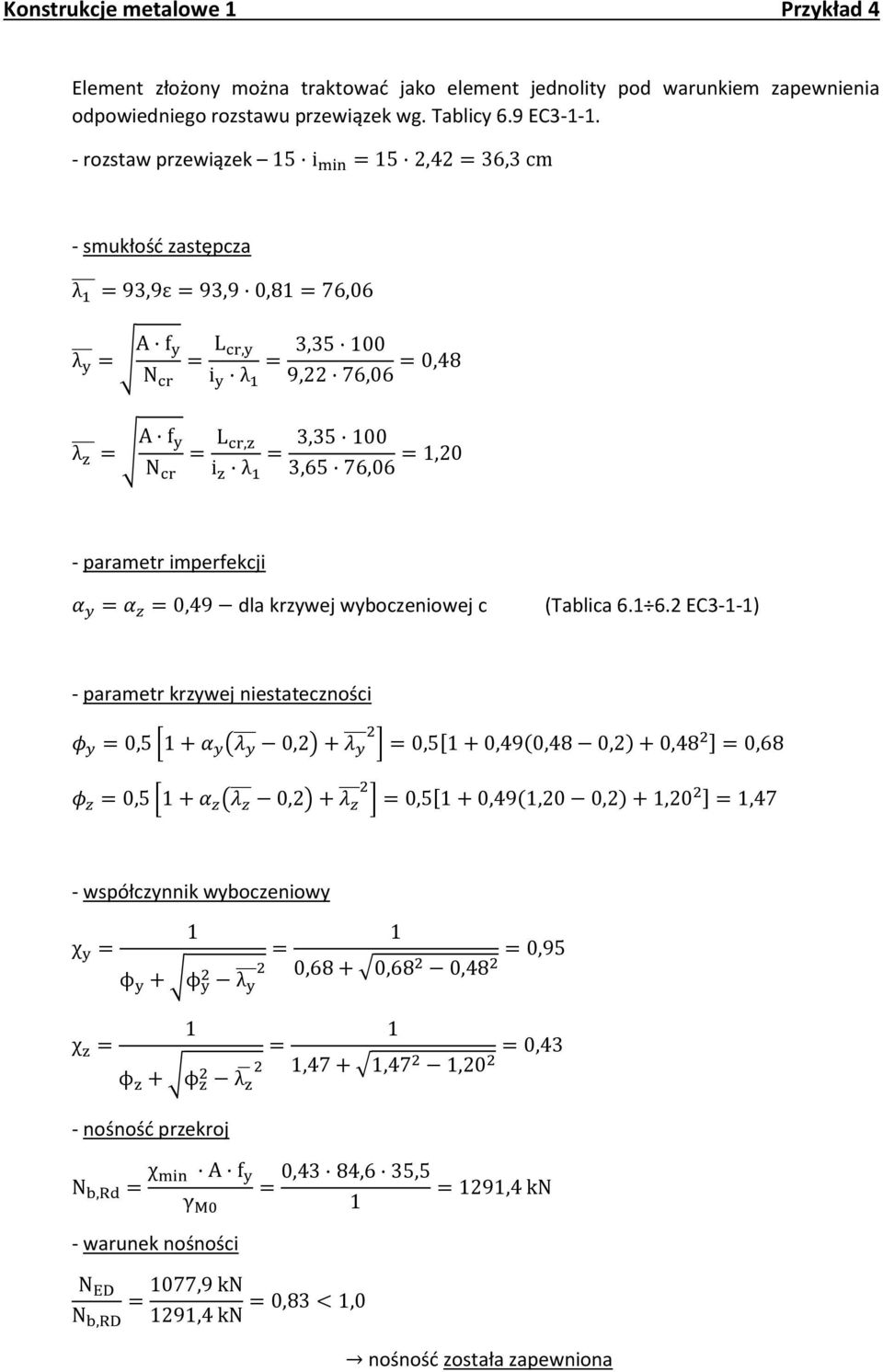 imperfekcji α y α z 0,49 dla krzywej wyboczeniowej c (Tablica 6.