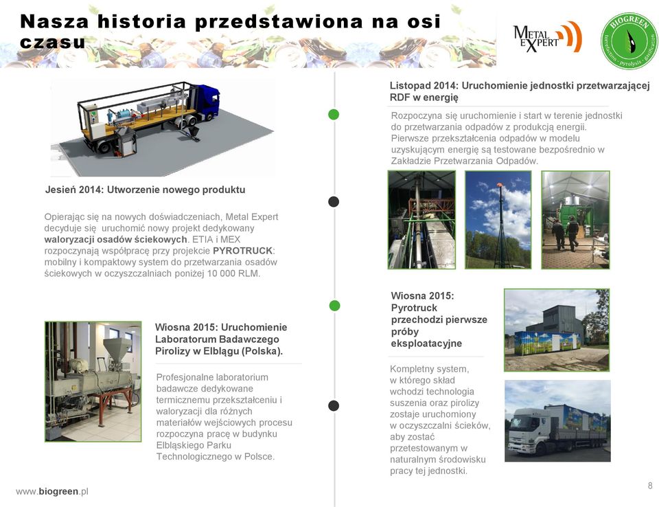 Jesień 2014: Utworzenie nowego produktu Opierając się na nowych doświadczeniach, Metal Expert decyduje się uruchomić nowy projekt dedykowany waloryzacji osadów ściekowych.