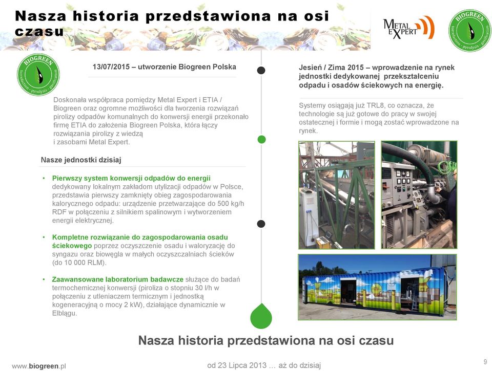 Jesień / Zima 2015 wprowadzenie na rynek jednostki dedykowanej przekształceniu odpadu i osadów ściekowych na energię.