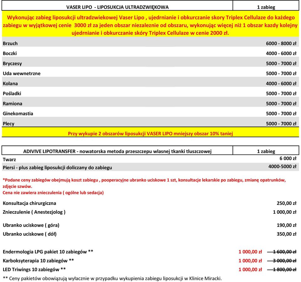 Brzuch Boczki Bryczesy Uda wewnetrzne Kolana Pośladki Ramiona Ginekomastia Plecy 6000-8000 zł 4000-6000 zł 5000-7000 zł 5000-7000 zł 4000-6000 zł 5000-7000 zł 5000-7000 zł 5000-7000 zł 5000-7000 zł