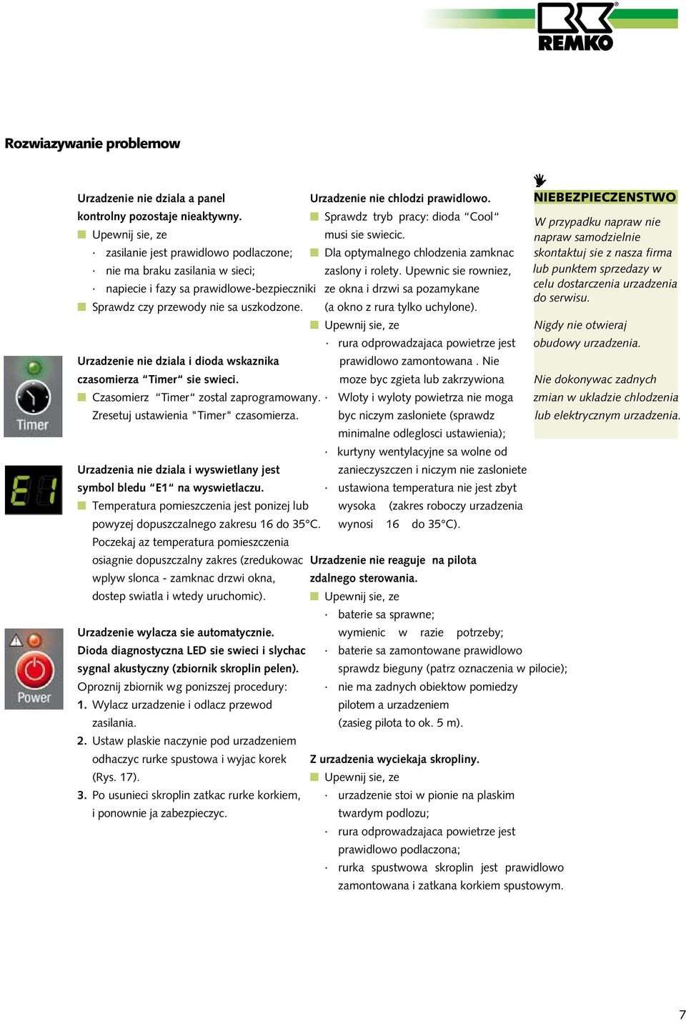 W przypadku napraw nie napraw samodzielnie zasilanie jest prawidlowo podlaczone; nie ma braku zasilania w sieci; Dla optymalnego chlodzenia zamknac zaslony i rolety.