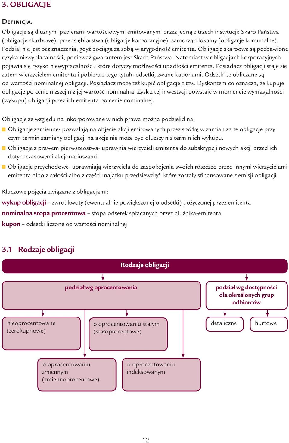 komunalne). Podział nie jest bez znaczenia, gdyż pociąga za sobą wiarygodność emitenta. Obligacje skarbowe są pozbawione ryzyka niewypłacalności, ponieważ gwarantem jest Skarb Państwa.