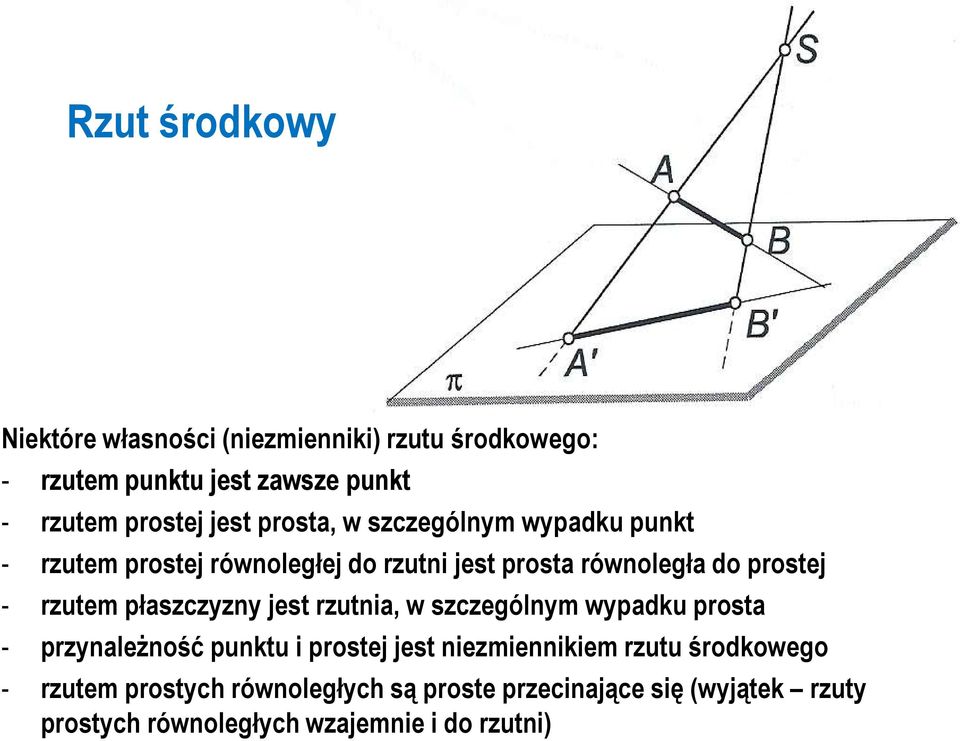 rzutem płaszczyzny jest rzutnia, w szczególnym wypadku prosta - przynależność punktu i prostej jest niezmiennikiem rzutu