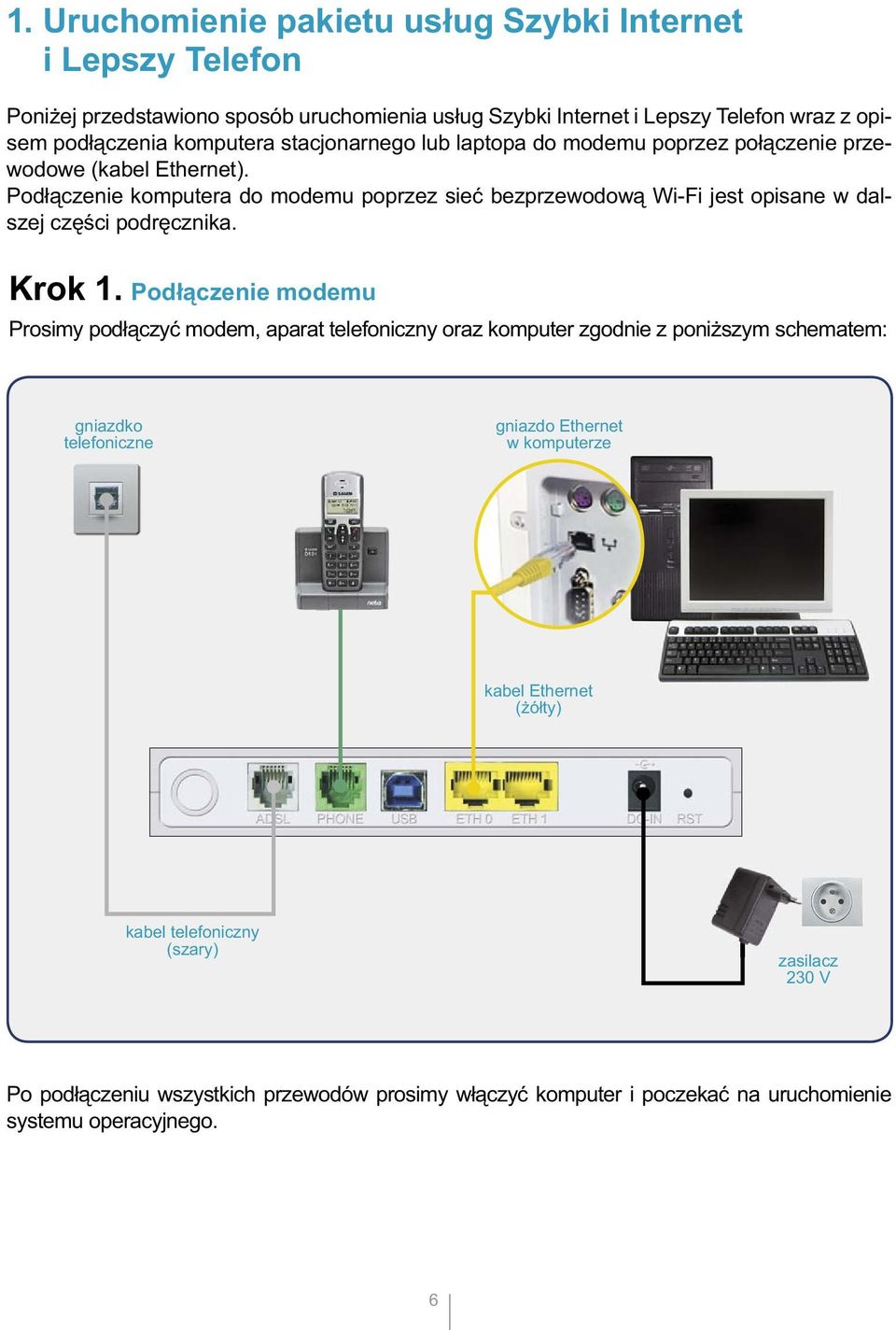 Podłączenie komputera do modemu poprzez sieć bezprzewodową Wi-Fi jest opisane w dalszej części podręcznika. Krok 1.