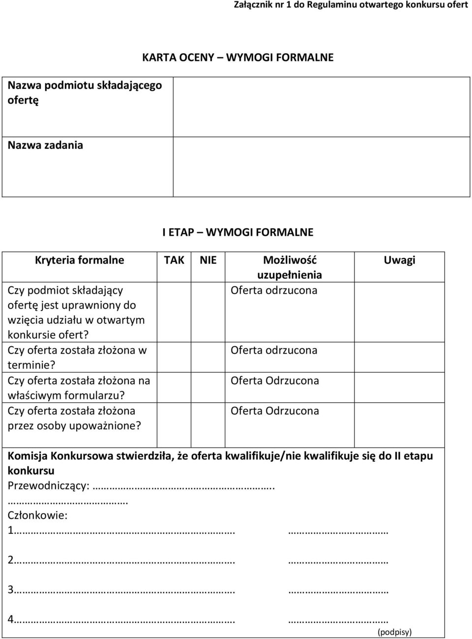 Czy oferta została złożona w Oferta odrzucona terminie? Czy oferta została złożona na Oferta Odrzucona właściwym formularzu?