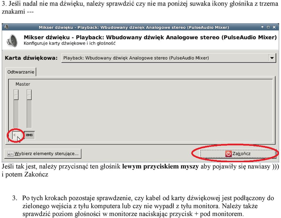 Po tych krokach pozostaje sprawdzenie, czy kabel od karty dźwiękowej jest podłączony do zielonego wejścia z tyłu