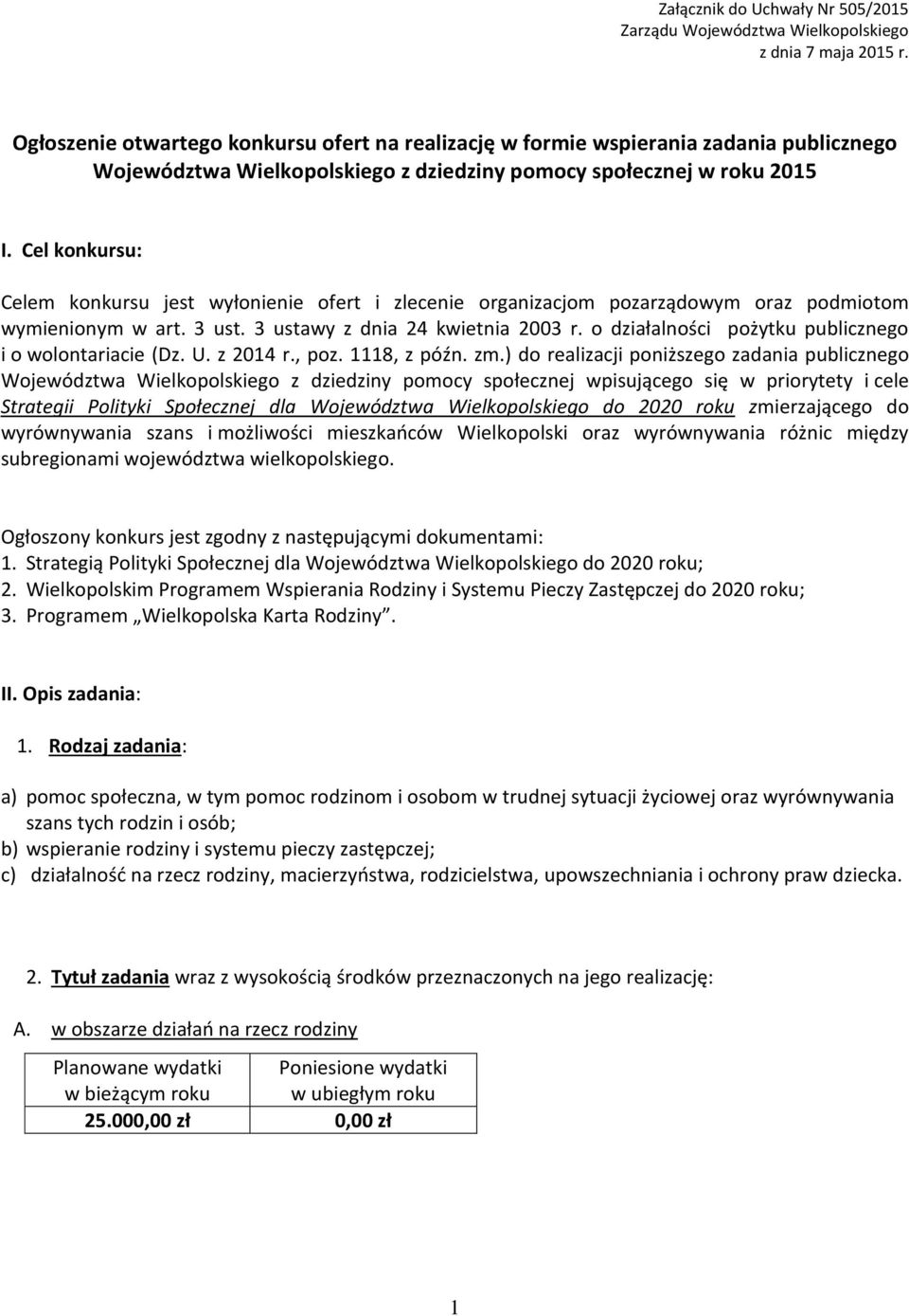 Cel konkursu: Celem konkursu jest wyłonienie ofert i zlecenie organizacjom pozarządowym oraz podmiotom wymienionym w art. 3 ust. 3 ustawy z dnia 24 kwietnia 2003 r.