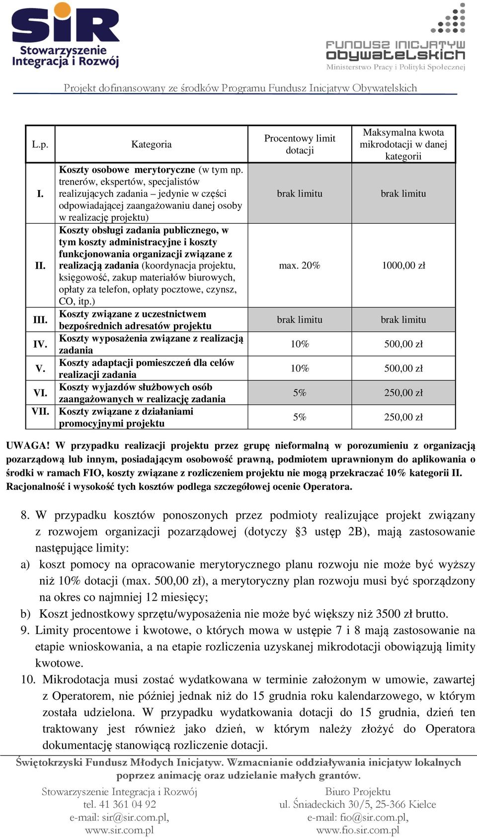 organizacji związane z II. realizacją zadania (koordynacja projektu, księgowość, zakup materiałów biurowych, opłaty za telefon, opłaty pocztowe, czynsz, CO, itp.) Koszty związane z uczestnictwem III.